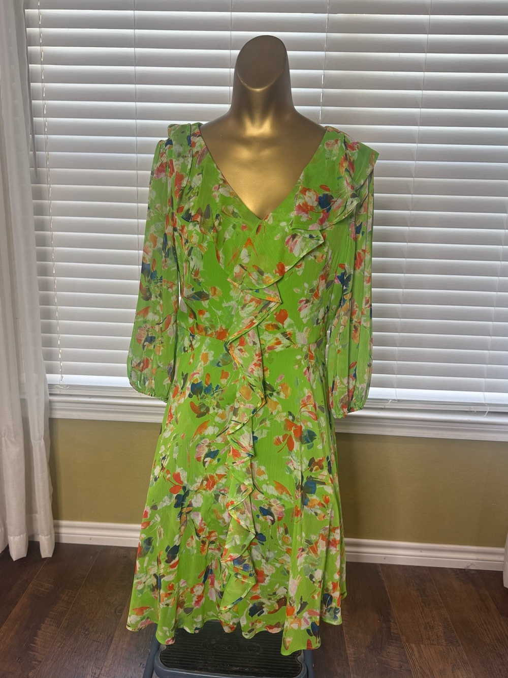 Dkny Bright Green Floral Ruffle-Front Long Sleeve Dress